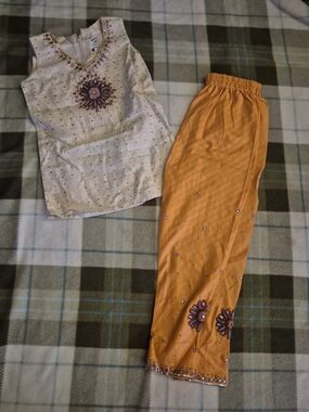 Cream and Orange Kids Matching Set with Embellished Floral Detail